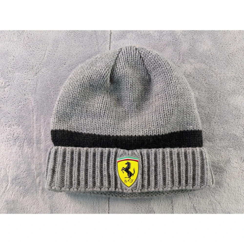 Puma Ferrari 10th Anniversary Partnership Knit Beanie Hat Grey Black Stripe